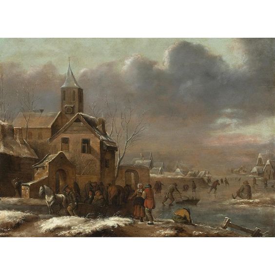 Large winter landscape with skaters - Klaes Molenaer