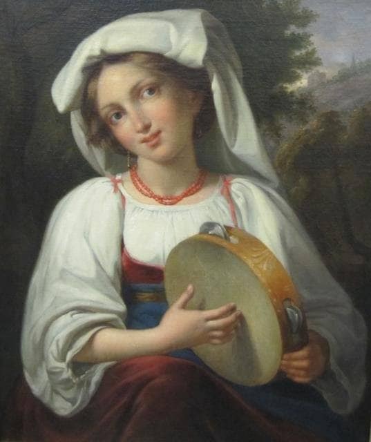 A Neapolitan Girl in traditional costume, holding a tambourine and wearing a beadnecklace, a landscape beyond by Giuseppe Mazzolini — hand-painted portrait oil painting reproduction on canvas