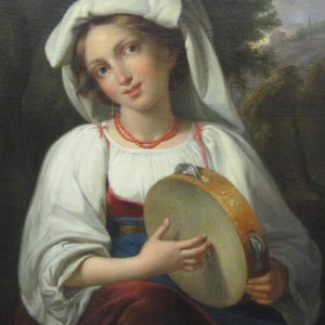 A Neapolitan Girl in traditional costume, holding a tambourine and wearing a beadnecklace, a landscape beyond