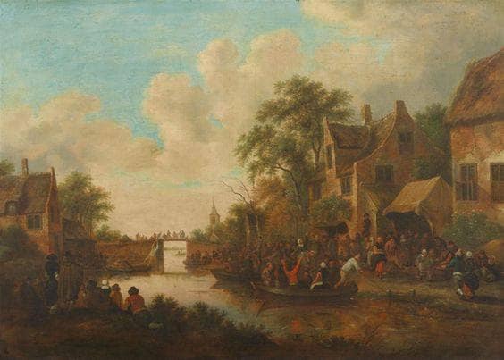 Village Fair by a River by Klaes Molenaer — hand-painted landscape oil painting reproduction on canvas