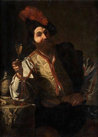 Portrait of a country servant with wine glass on a stone pedestal in study
