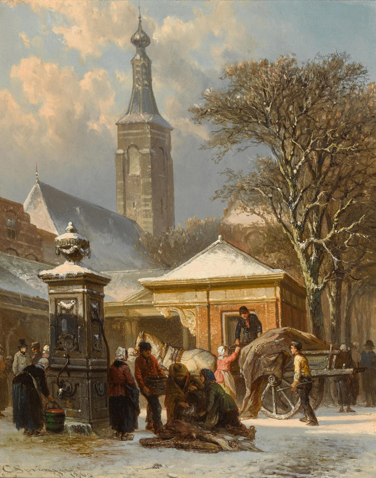 The fish market of Zaltbommel in winter - Cornelis Springer