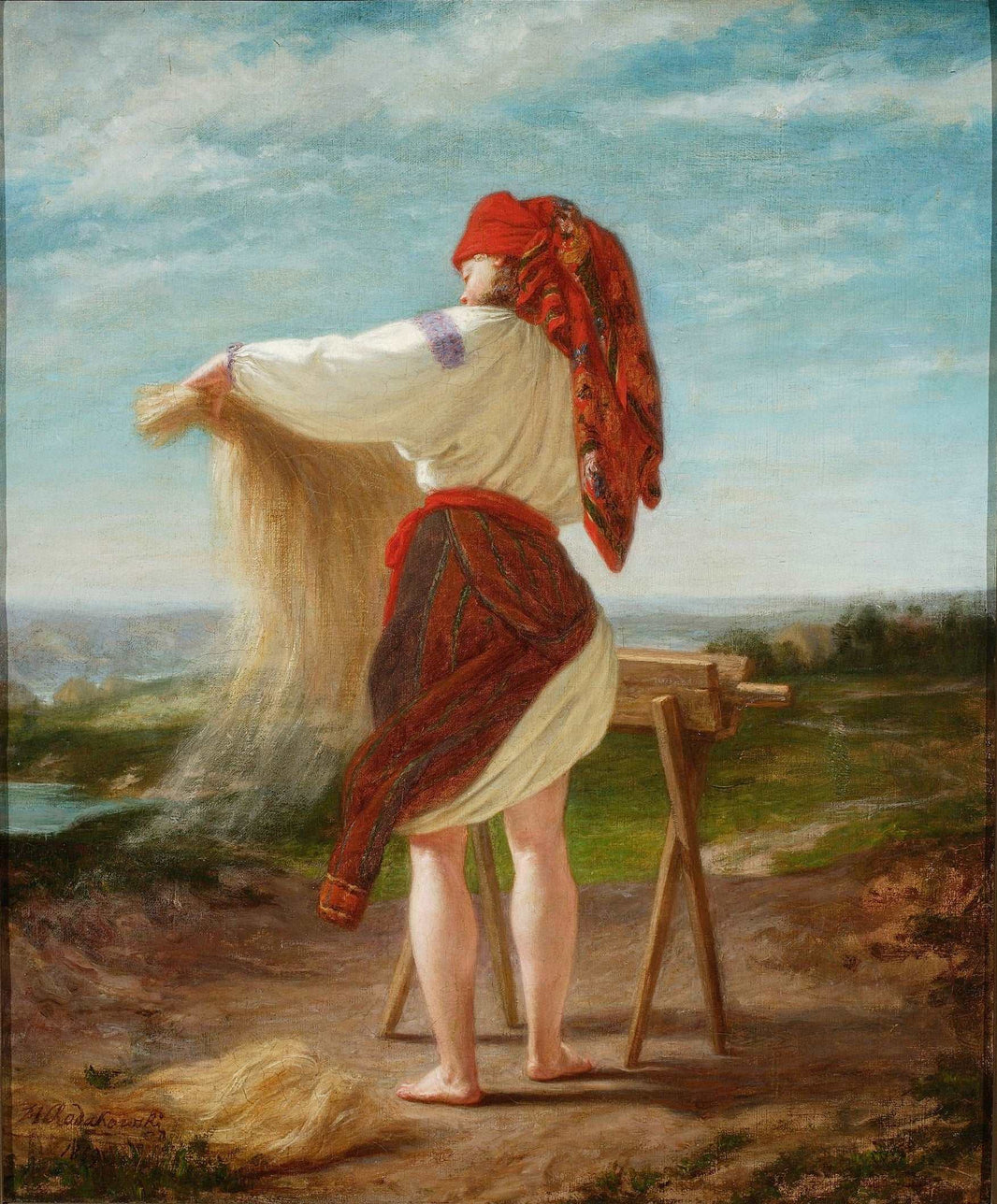 A Peasant Who Fawns with Flax by Henryk Rodakowski — hand-painted portrait oil painting reproduction on canvas