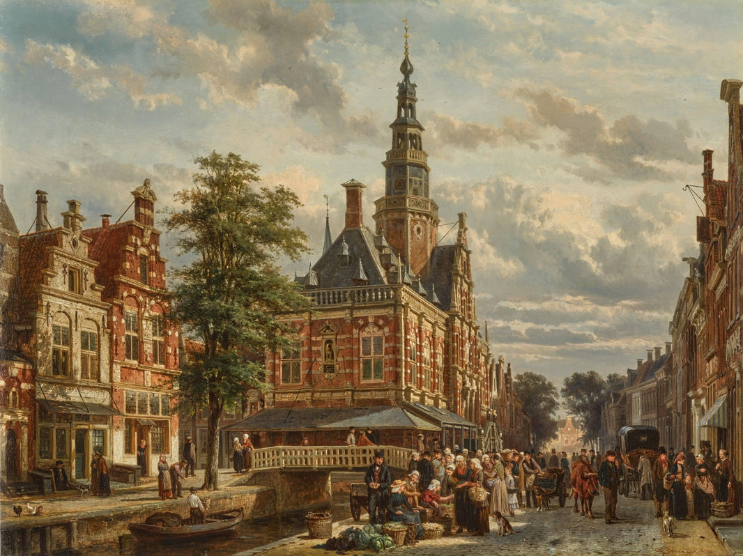 The market square and town hall of Bolsward in summer by Cornelis Springer — hand-painted landscape oil painting reproduction on canvas