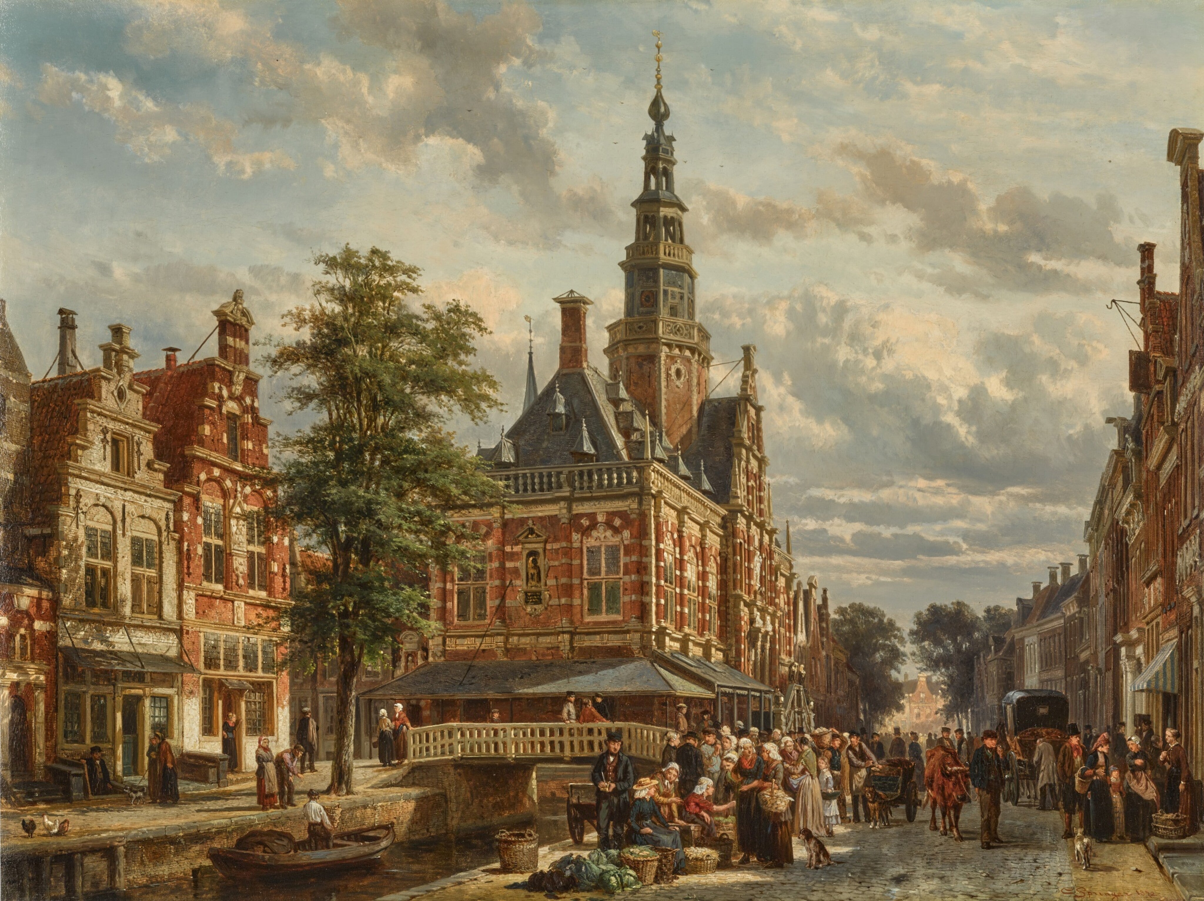 The market square and town hall of Bolsward in summer - Cornelis Springer