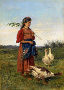A girl with geese by Vladimir Makovsky — female oil painting wall art, Realism