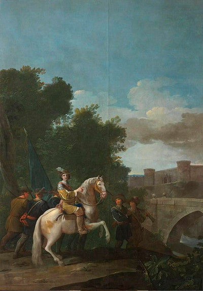 An Officer on horseback and four foot Soldiers in kitchen