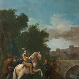 An Officer on horseback and four foot Soldiers