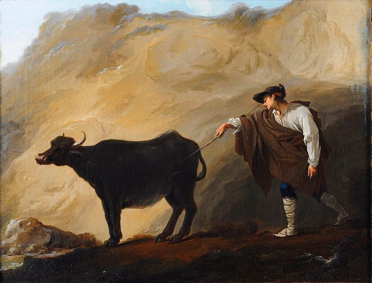 Shepherd and buffalo leaving a cave - Jean Barbault