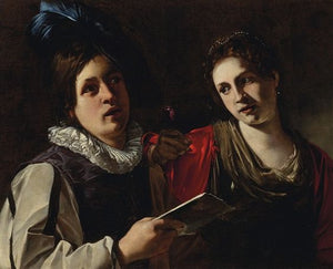 A young man singing with a young woman holding a rose - Nicolas Tournier