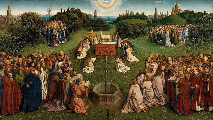 The Ghent Altarpiece. Adoration of the Lamb (detail) by Jan van Eyck — hand-painted cultural oil painting reproduction on canvas