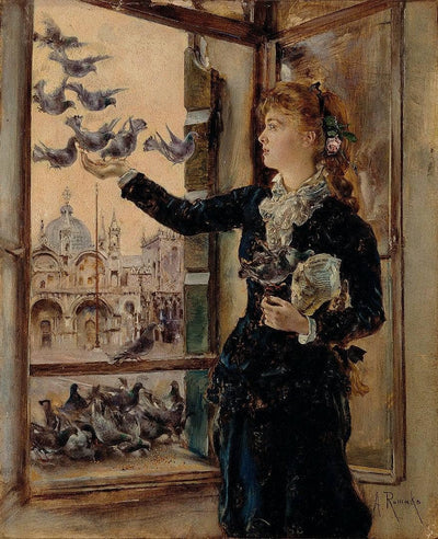 Girl at a window to St. Mark's Square, feeding pigeons in kitchen