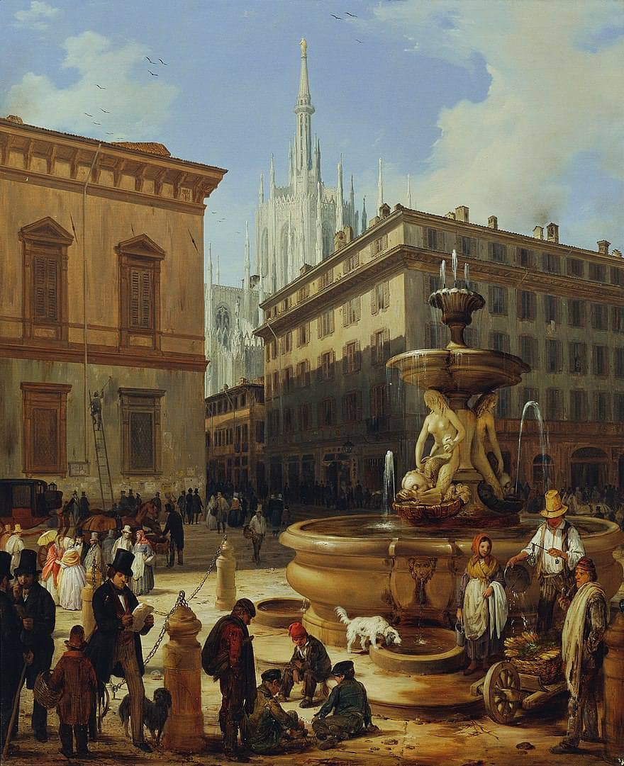 Street view from Milan, in the background the Duomo by Angelo Inganni — hand-painted architectural oil painting reproduction on canvas