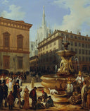 Street view from Milan, in the background the Duomo by Angelo Inganni — city oil painting wall art, Realism