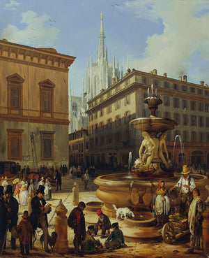 Street view from Milan, in the background the Duomo - Angelo Inganni