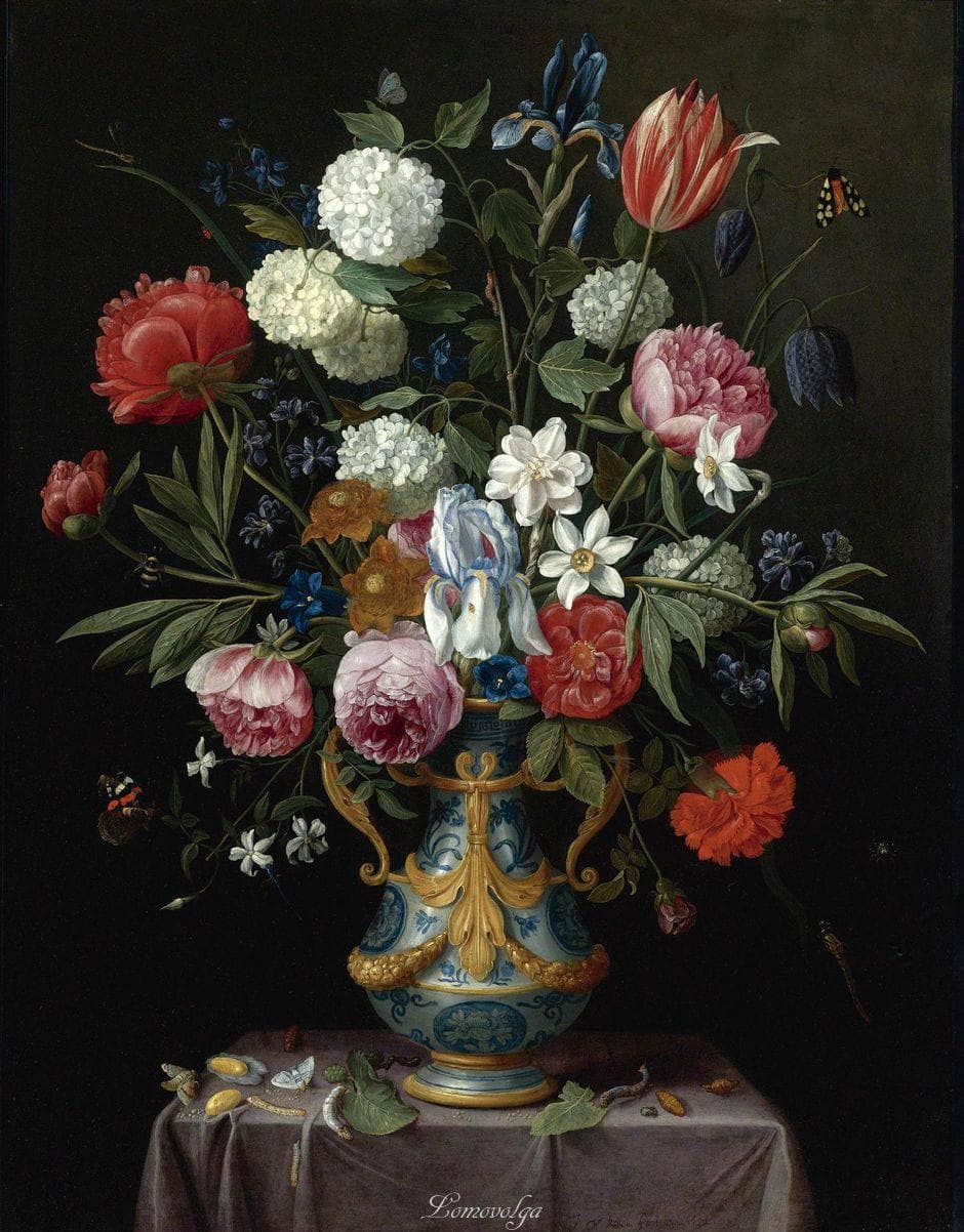 Still life of irises, peonies, narcissi, a tulip and other flowers in a blue-and-white porcelain vase with ormolu mounts on a draped pedestal by Jan van Kessel the Elder — hand-painted still oil painting reproduction on canvas