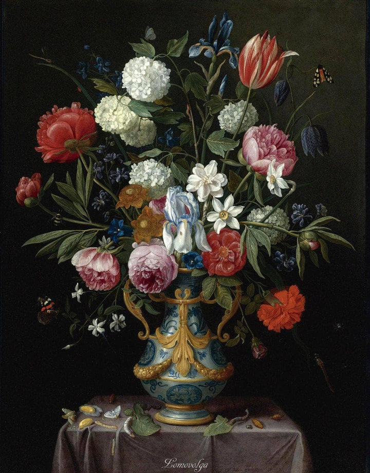 Still life of irises, peonies, narcissi, a tulip and other flowers in a blue-and-white porcelain vase with ormolu mounts on a draped pedestal by Jan van Kessel the Elder — hand-painted still oil painting reproduction on canvas