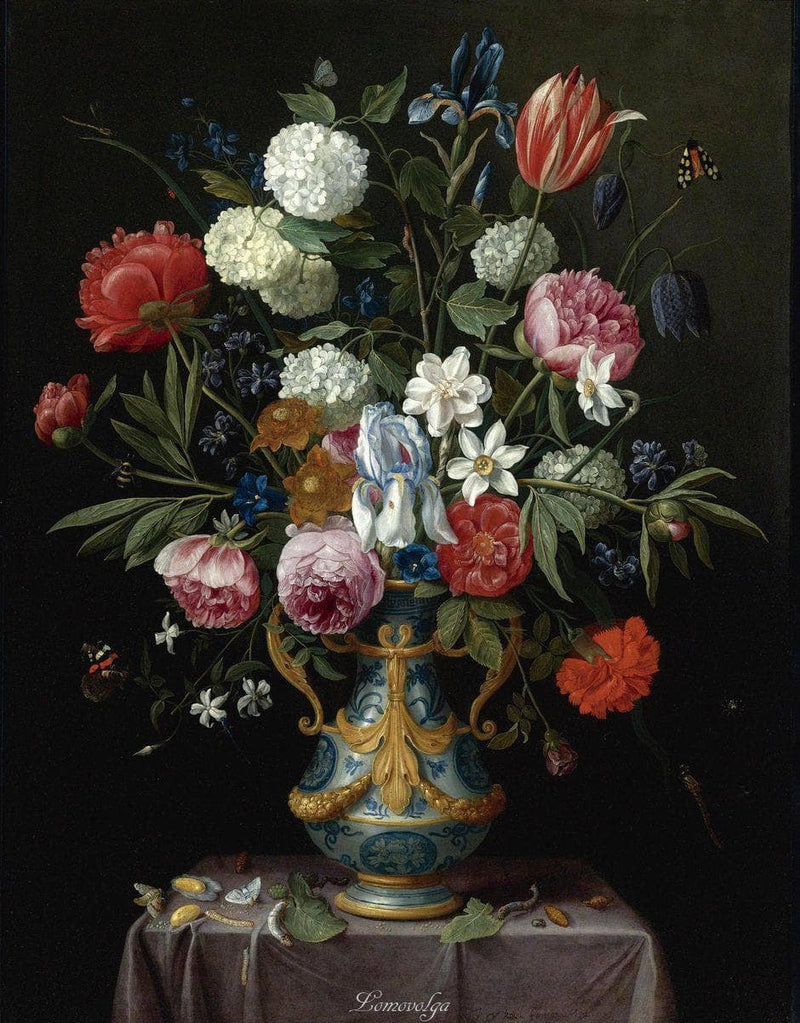 Still life of irises, peonies, narcissi, a tulip and other flowers in a blue-and-white porcelain vase with ormolu mounts on a draped pedestal on gallery wrap