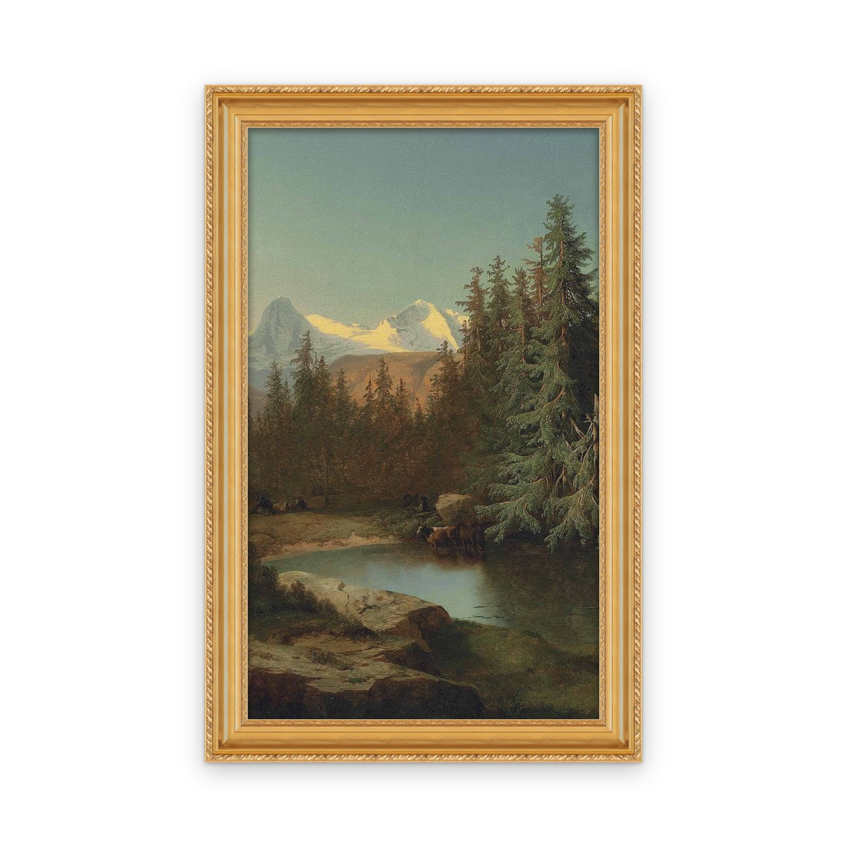 Ruin Unspunnen in front of the view of Eiger, Mönch and Jungfrau — Custom size, Framed in Modern Golden · Custom 18'' × 30''