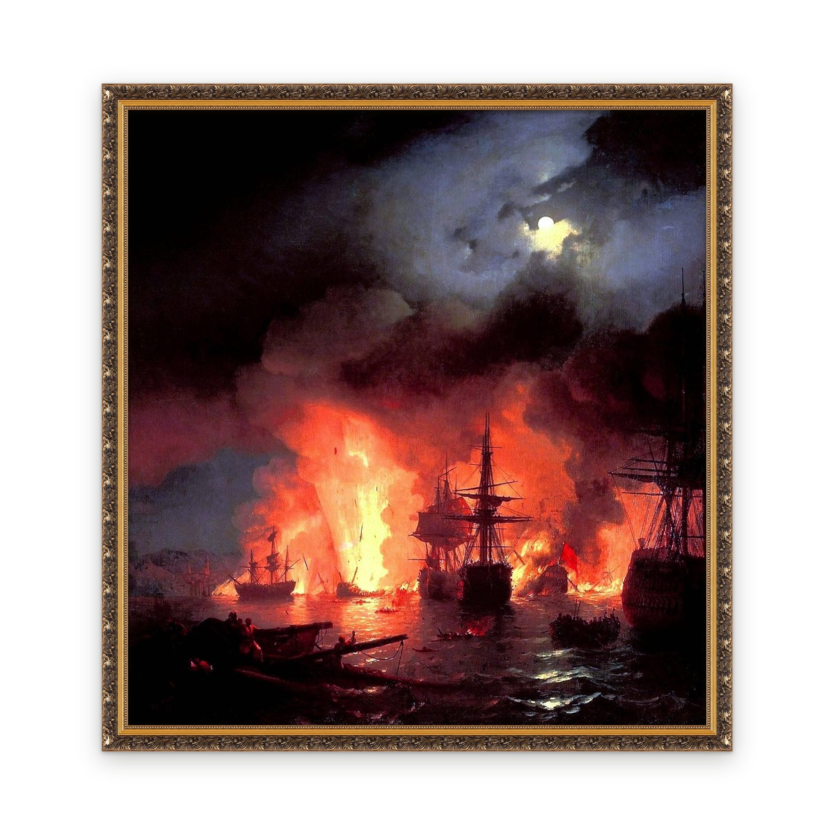 Battle of Cesme at Night — Framed, Framed in Classic Baroque · 48'' × 51''