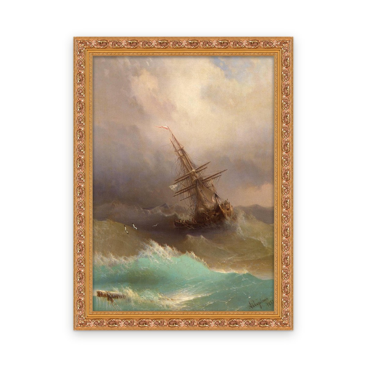 Ship in the Stormy Sea — Custom size, Framed in Classic Ornate · Custom 19'' × 26.5''