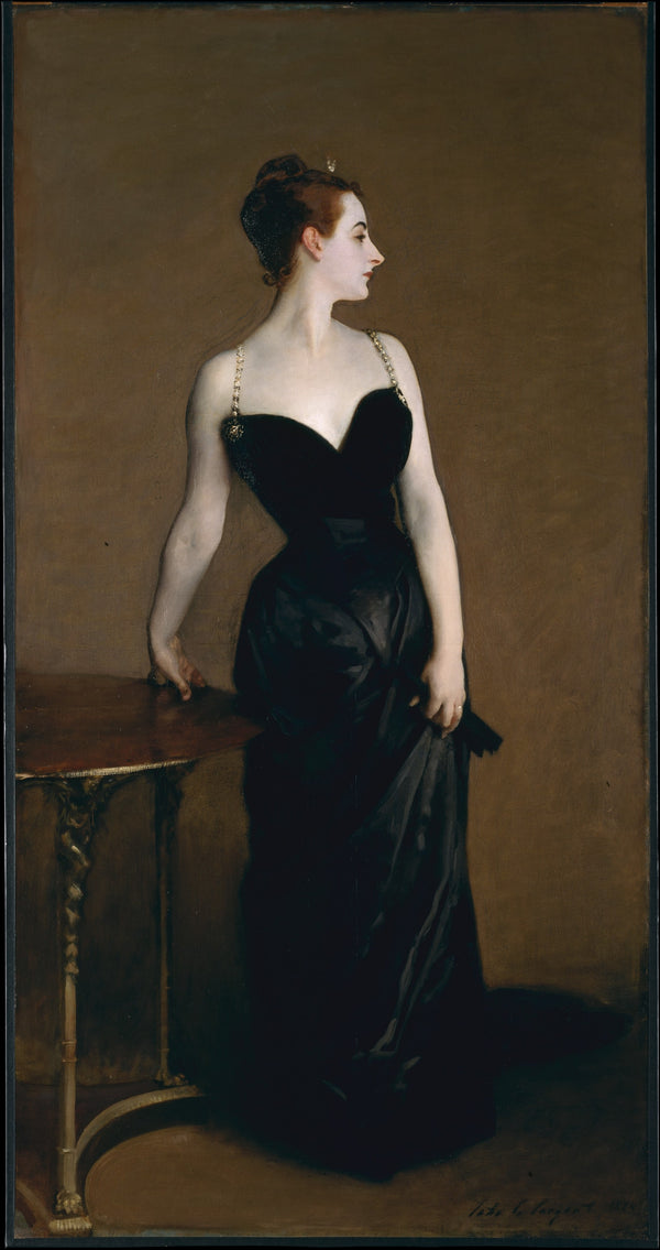 Madame X by John Singer Sargent, a woman in a black evening dress standing in profile against a dark brown ground.