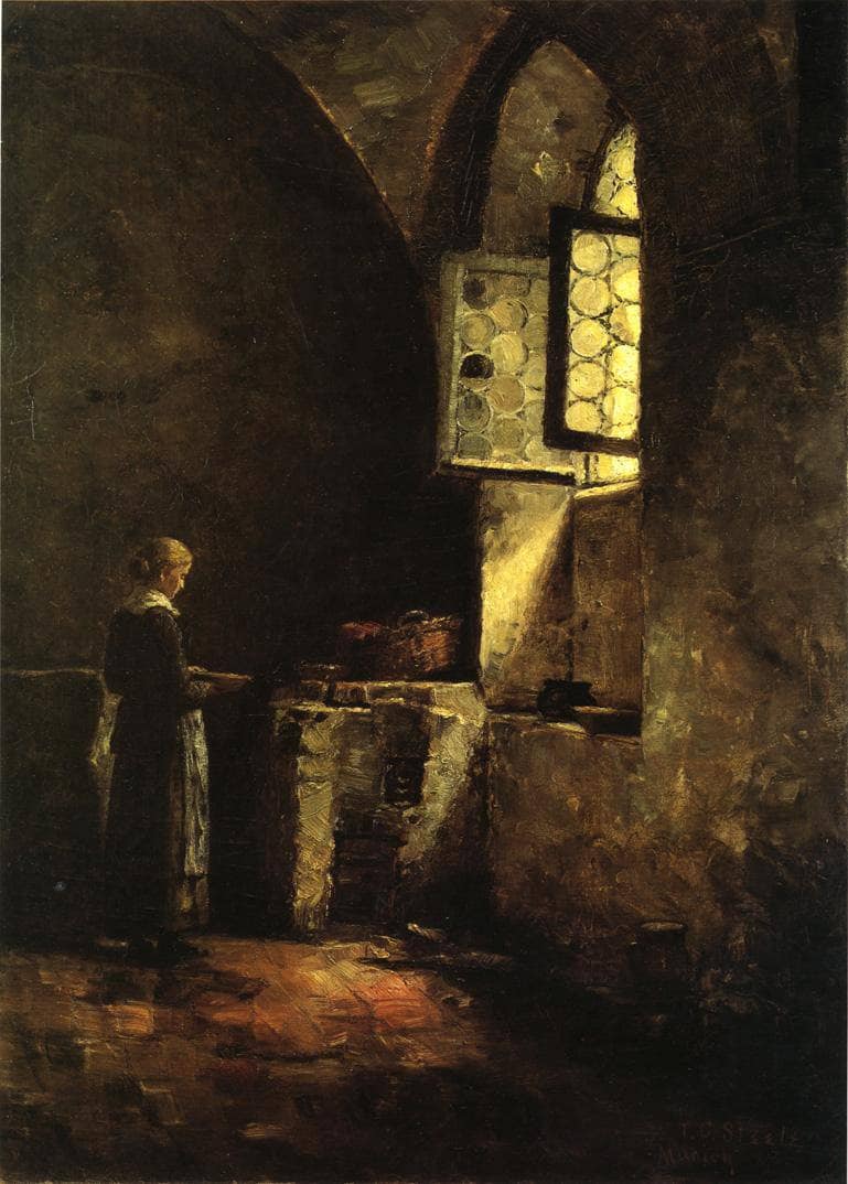 A Corner in the Old Kitchen of the Mittenheim Cloister by T. C. Steele — hand-painted architectural oil painting reproduction on canvas