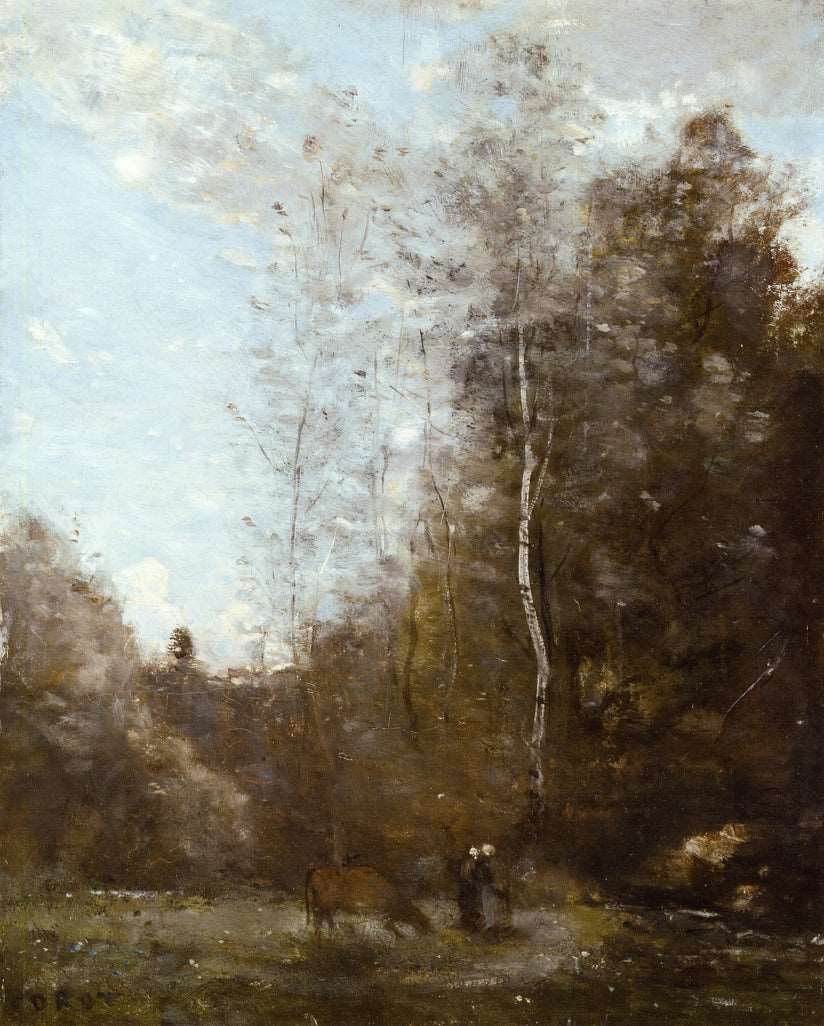 A Cow Grazing beneath a Birch Tree by Camille Corot — hand-painted animal oil painting reproduction on canvas