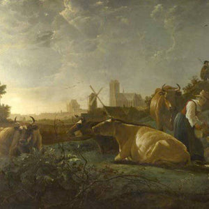 A Distant View of Dordrecht, with a Milkmaid and Four Cows