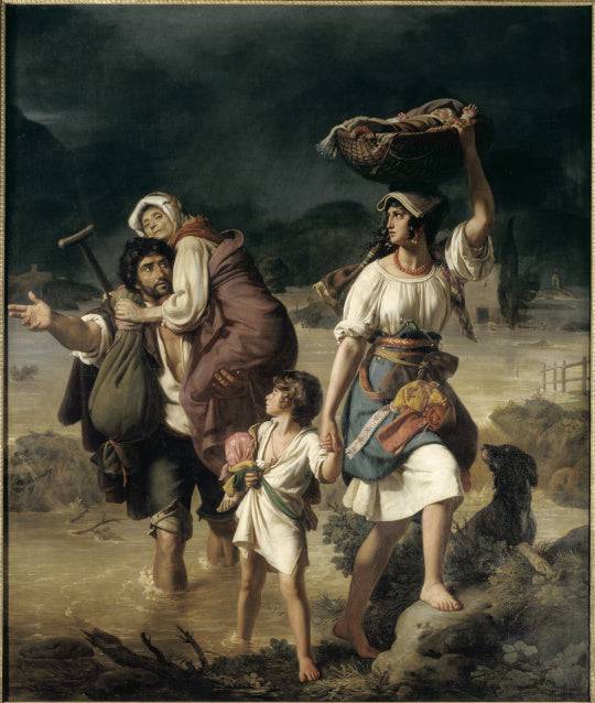 A family of peasants surprised by a prompt overflow of the Tiber flees through the waters - Jean Victor Schnetz