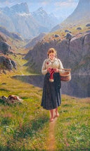 A girl knitting in a Norwegian landscape by Hans Dahl — female oil painting wall art, Romanticism