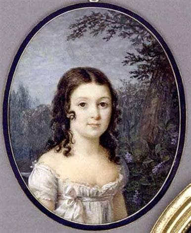 A girl standing before a tree with lilac, in white silk dress with white sash tied in a bow, long dark curling hair, forest and sky background