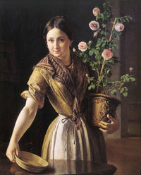 A girl with a pot of roses