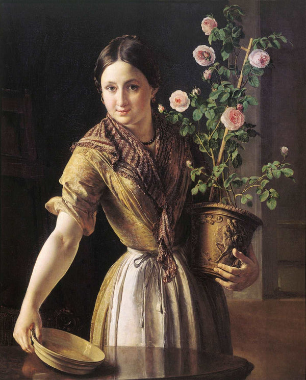 A girl with a pot of roses
