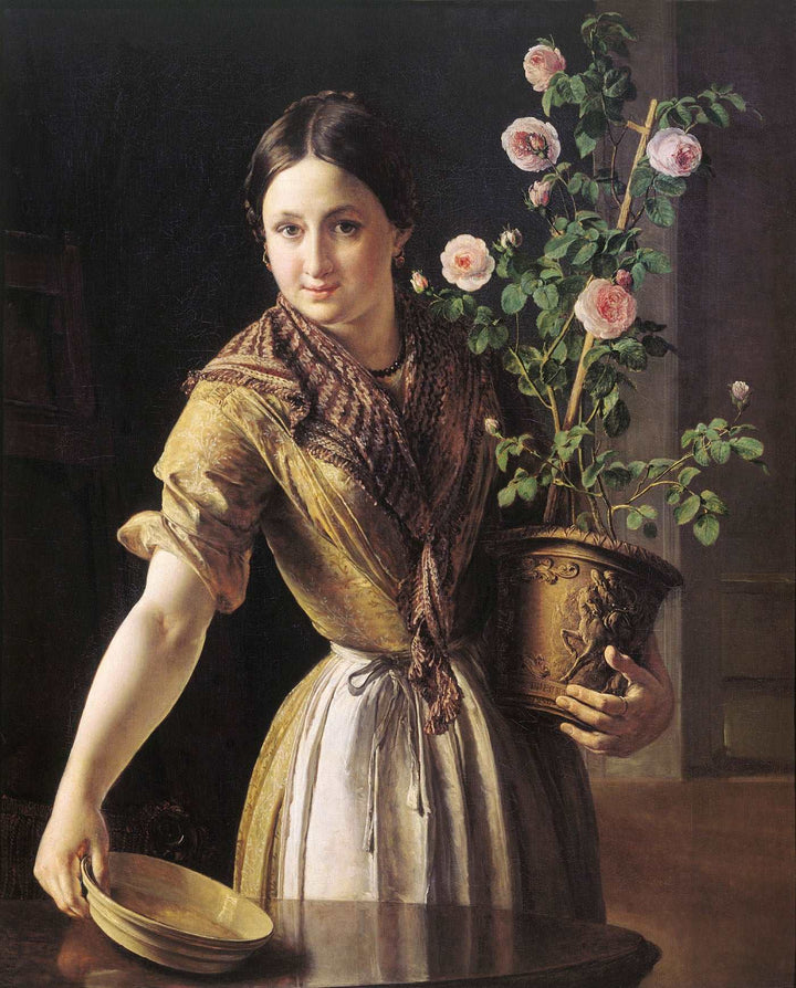 A girl with a pot of roses by Vasily Tropinin — hand-painted botanical oil painting reproduction on canvas