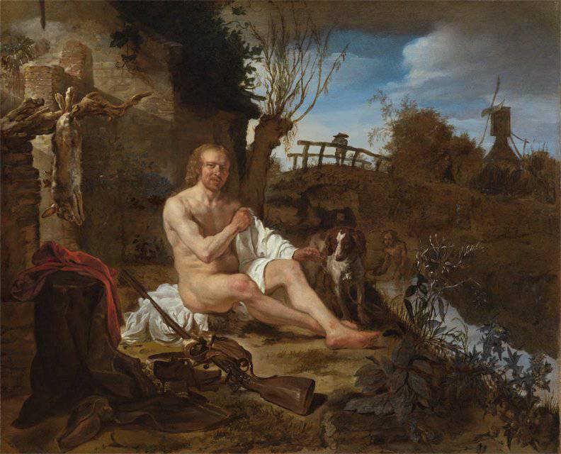 A Hunter Getting Dressed after Bathing - Gabriel Metsu