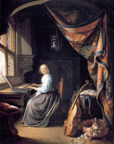 A Lady Playing the Clavichord in dining room