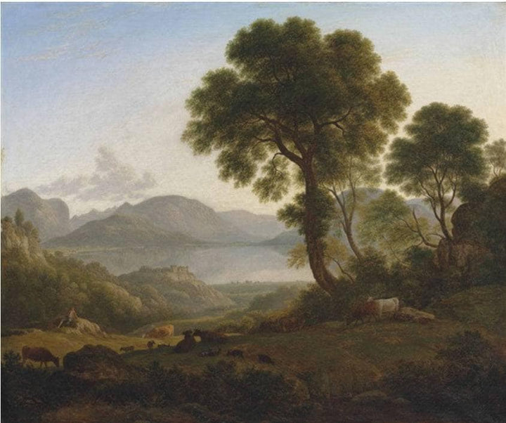 A lake landscape with a shepherd, cattle and goats in the foreground by John Glover — hand-painted landscape oil painting reproduction on canvas