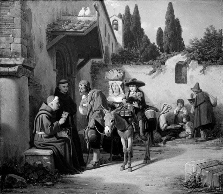 A little boy is taken to the monastery by his parents by Ernst Meyer — hand-painted landscape oil painting reproduction on canvas