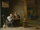 A man and woman smoking a pipe seated in an interior with peasants playing cards on a table by David Teniers the Younger — hand-painted still oil painting reproduction on canvas
