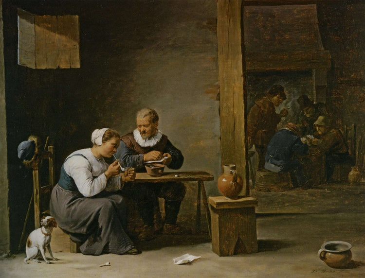 A man and woman smoking a pipe seated in an interior with peasants playing cards on a table - David Teniers the Younger