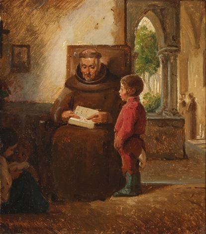 A monk reading with a boy by Ernst Meyer — hand-painted portrait oil painting reproduction on canvas