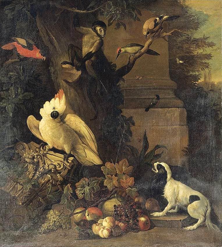 A Monkey, a Dog and Various Birds in a Landscape by Tobias Stranover — hand-painted animal oil painting reproduction on canvas