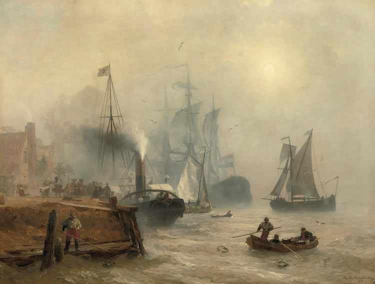 A Moored Steamer at a Busy Quay - Andreas Achenbach