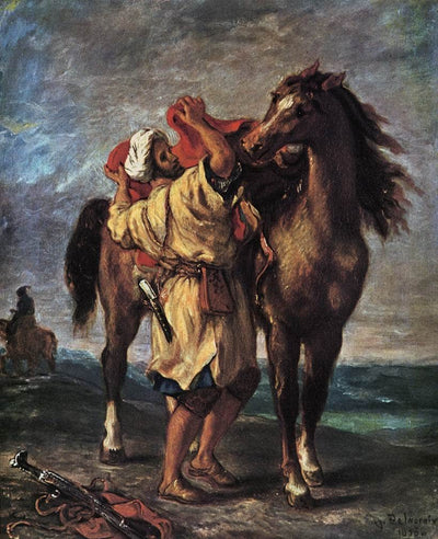 A Moroccan Saddling a Horse in living room