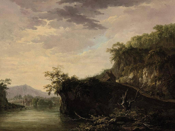 A mountainous river landscape with figures on a track