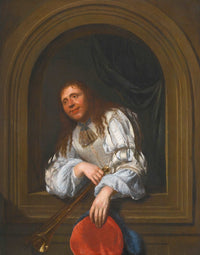 A Musician, Holding a Trumpet and a Hat, Leaning over a Stone Niche