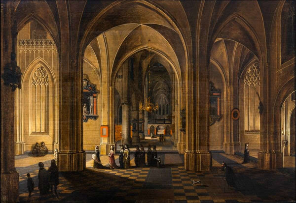 A Nocturnal Interior of a Gothic Cathedral with a Candlelit Procession