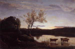 A Pond with three Cows and a Crescent Moon - Camille Corot