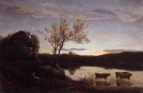 A Pond with three Cows and a Crescent Moon